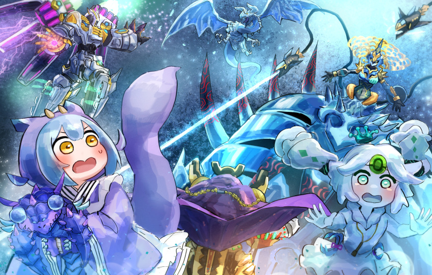 3girls, battle, blue_hair, blush, commentary_request, divine_arsenal_aa-zeus_-_sky_thunder, dragon_girl, dragon_horns