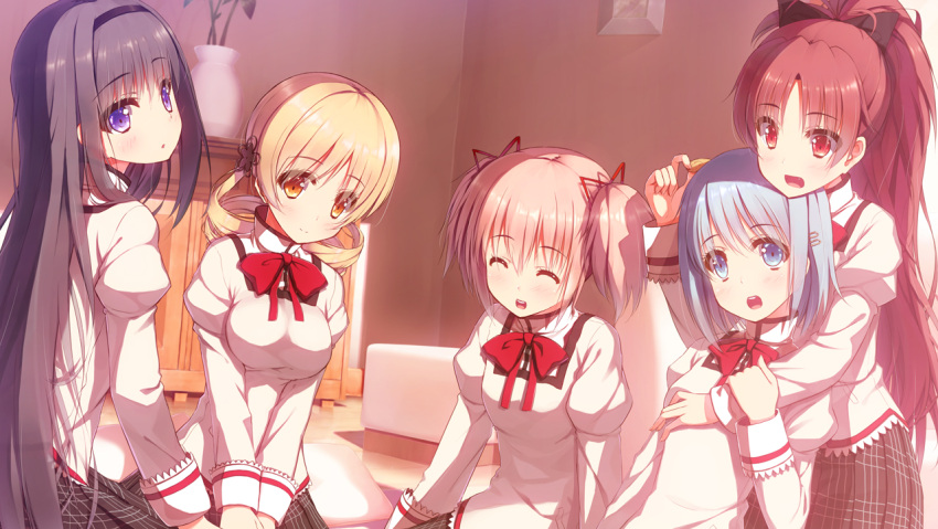 akemi_homura, alternate_costume, black_hair, blonde_hair, blue_hair, blush, closed_eyes, drill_hair