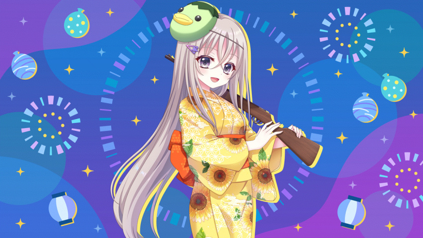 1girl, :d, blue_background, cowboy_shot, dot_nose, film_grain, floral_print, floral_print_kimono