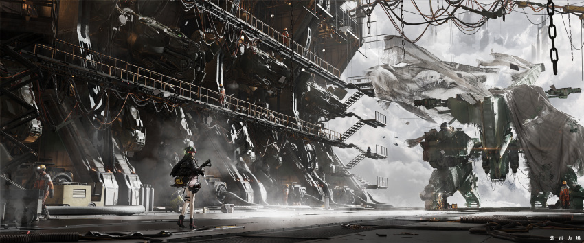 1girl, absurdres, bare_legs, black_coat, black_hair, catwalk_(walkway), chain, coat, commentary, day, english_commentary, engrish_commentary, gun, highres, holding, holding_gun, holding_weapon, long_hair, looking_back, lucia_(pgr), machinery, people, punishing:_gray_raven, rifle, scenery, science_fiction, sparks, standing, straight_hair, very_wide_shot, weapon, welding, zi_dianli_chang