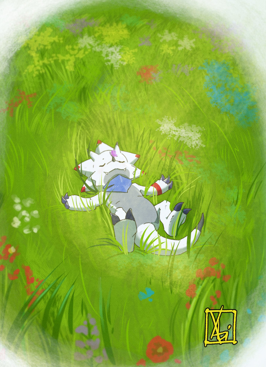 day, digimon, digimon_(creature), gammamon, grass, highres, lying, no_humans