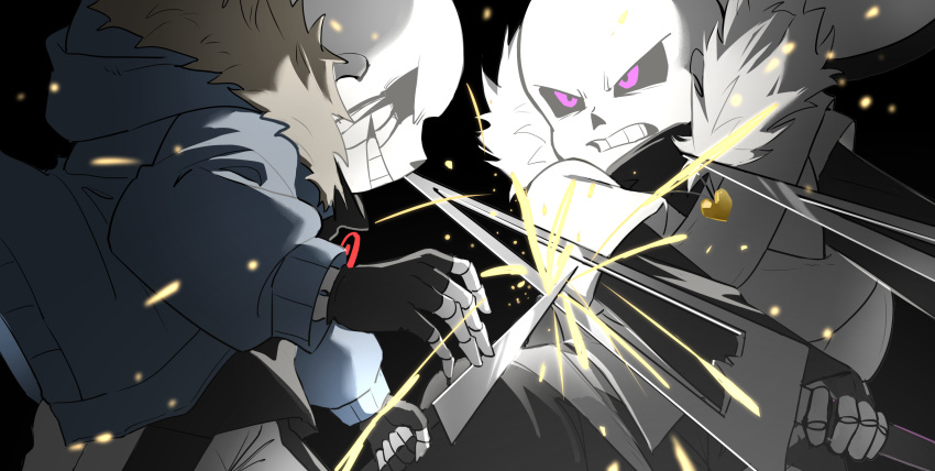2boys, :d, alternate_universe, black_background, black_gloves, black_pants, black_scarf, black_sweater