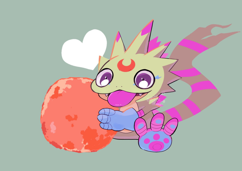 digimon, digimon_(creature), digimon_beatbreak, gekkomon, grey_background, heart, highres, looking_at_viewer, no_humans, simple_background, sitting, solo, toba16ks, tongue, tongue_out
