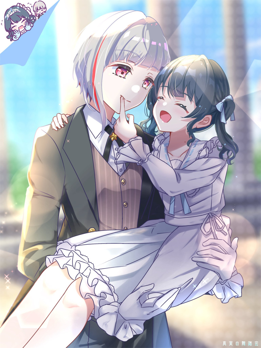 2girls, :d, ^_^, aged_down, black_hair, black_jacket, blue_ribbon, bob_cut