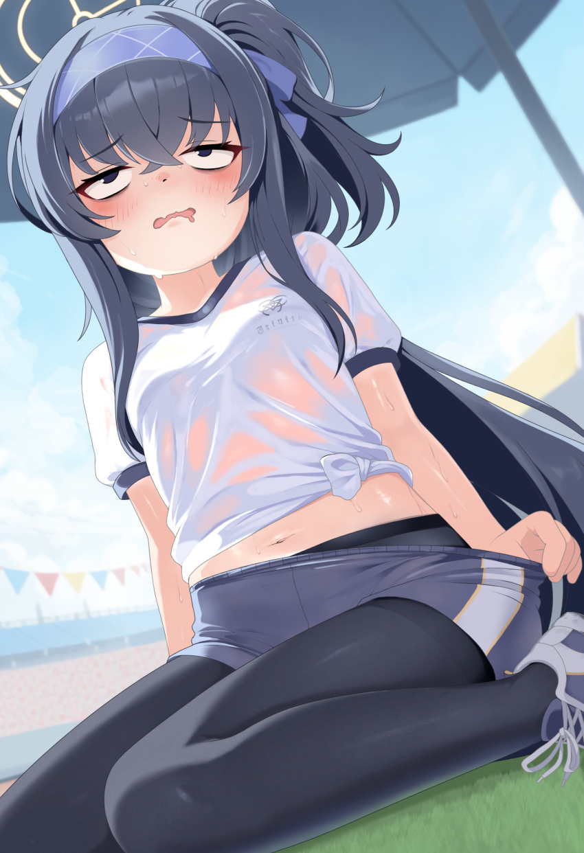 1girl, bags_under_eyes, black_hair, black_pantyhose, blue_archive, blue_buruma, blue_sky, breasts