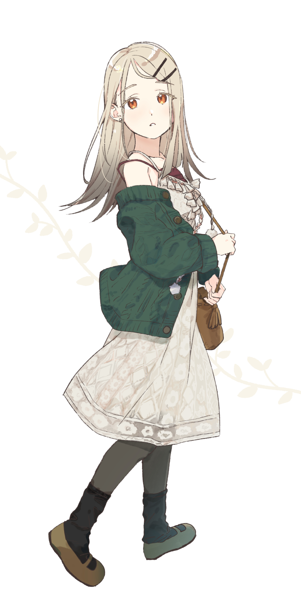 1girl, bag, black_socks, blonde_hair, branch, brown_bag, brown_shoes, cardigan