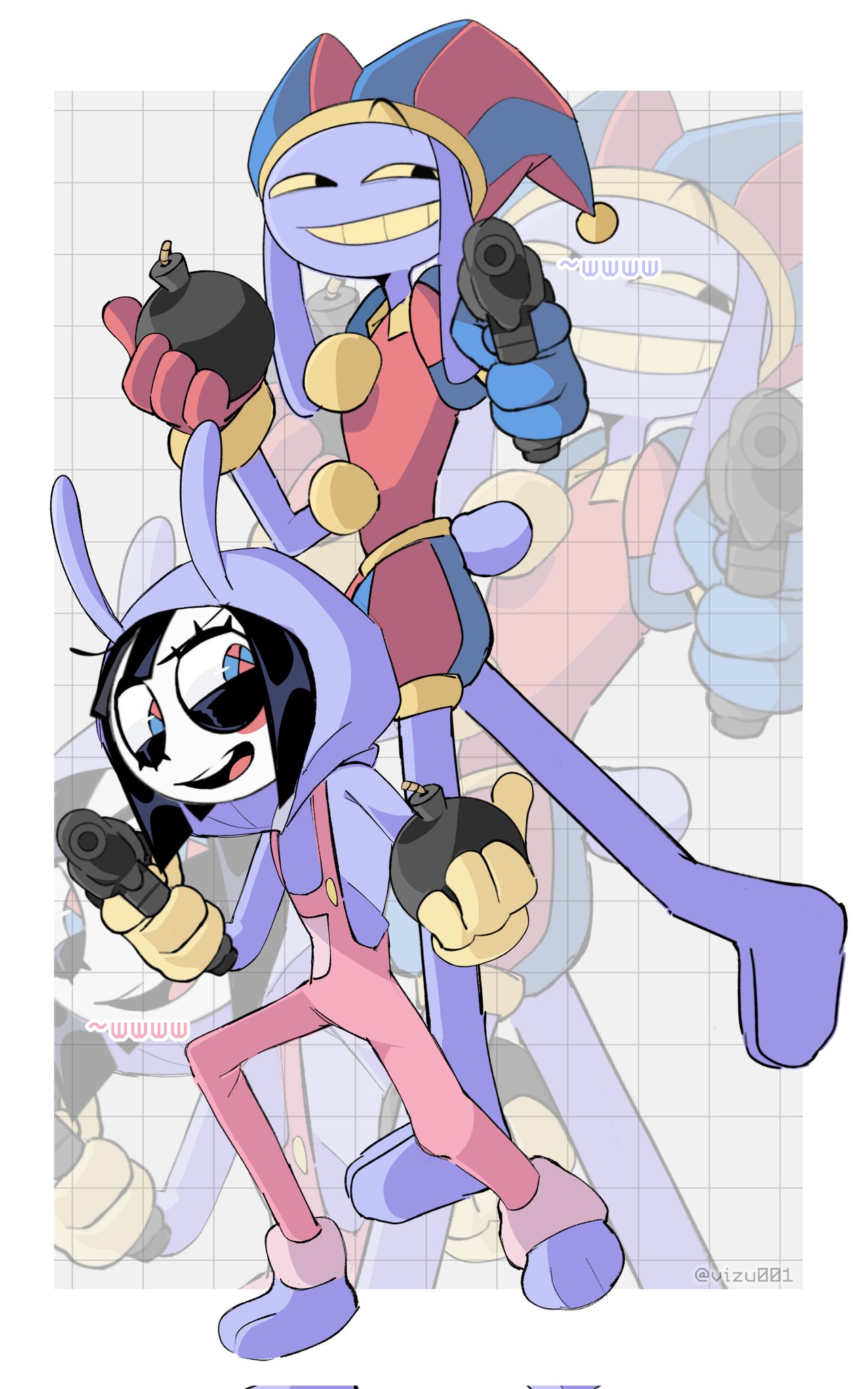 1boy, 1girl, :d, aiming, aiming_at_viewer, animal_hood, asymmetrical_gloves, bare_legs