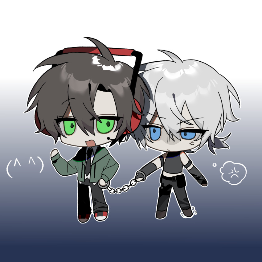 2boys, :d, ahoge, animification, armlet, bare_shoulders, belt, black_belt