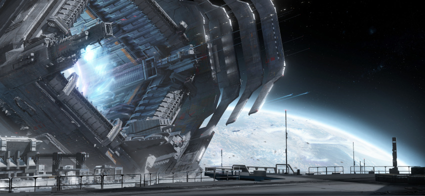 absurdres, chinese_commentary, commentary_request, highres, no_humans, original, planet, scenery, science_fiction, space, spacecraft, star_(sky), zi_dianli_chang