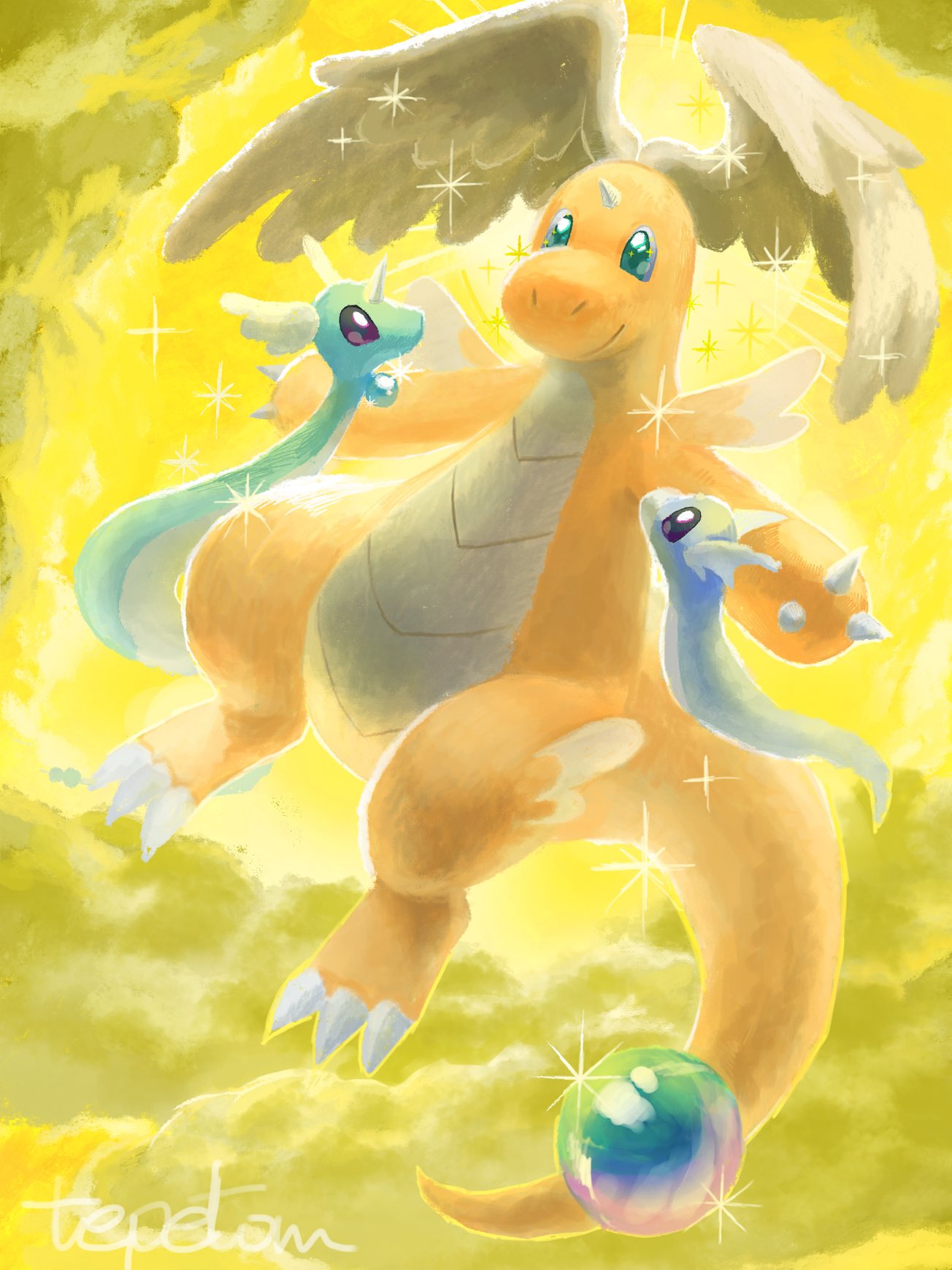 claws, closed_mouth, clouds, dragon, dragonair, dragonite, dratini, evolutionary_line