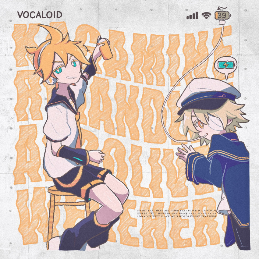 2boys, bandage_over_one_eye, black_shorts, blonde_hair, blue_eyes, character_name, english_text, hat