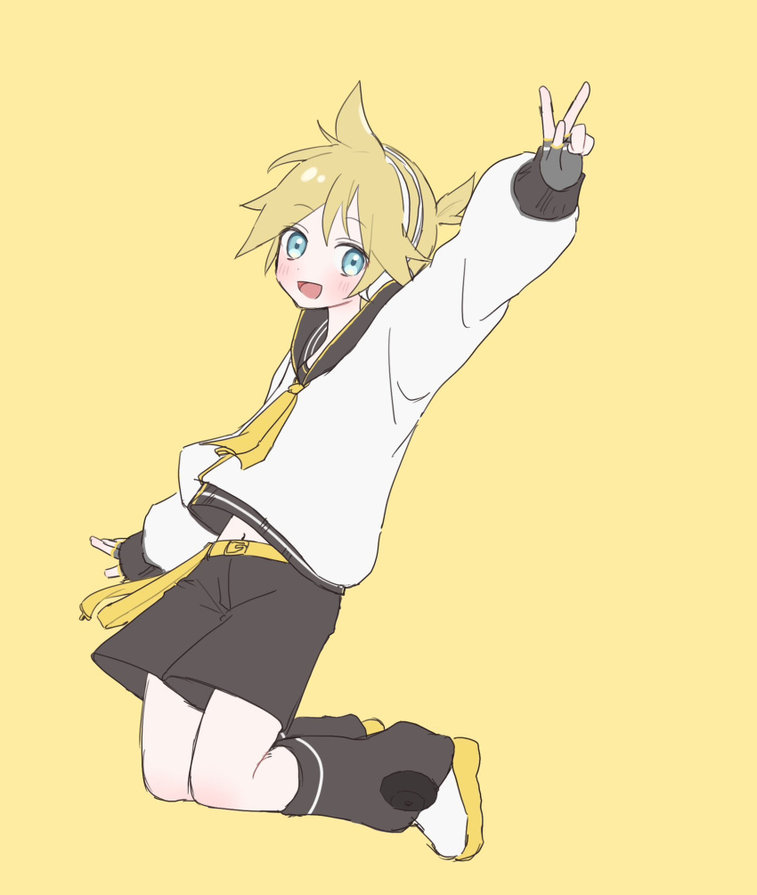 1boy, 27banaaang, arm_up, belt, black_sailor_collar, black_shorts, blonde_hair, blue_eyes