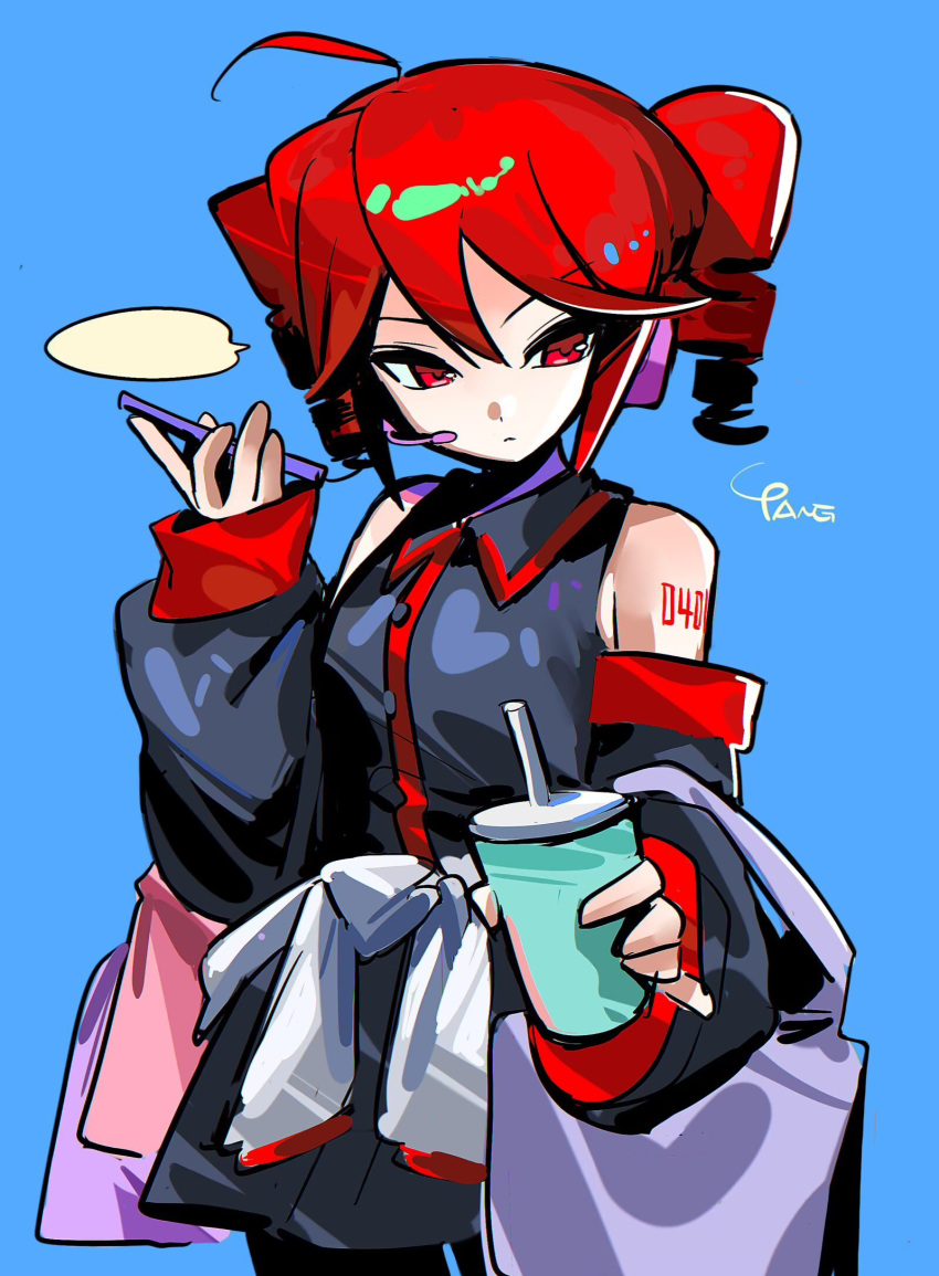 1girl, ahoge, bag, bare_shoulders, black_shirt, black_skirt, black_sleeves, blank_speech_bubble