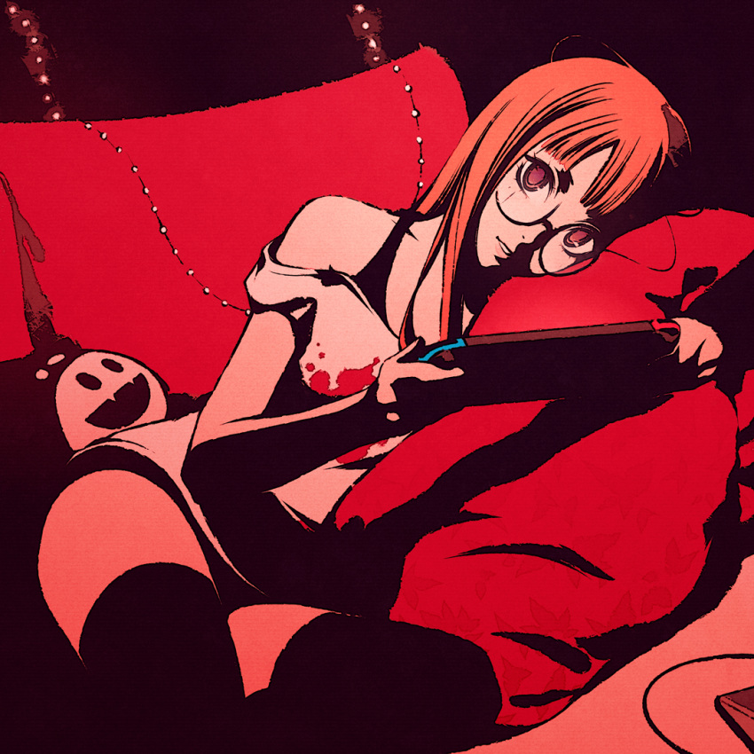 1girl, bed_sheet, black_tank_top, black_thighhighs, blood, blood_splatter, blunt_bangs, couch, glasses, jack_frost_(megami_tensei), long_hair, moshimoshibe, nintendo_switch, off-shoulder_shirt, off_shoulder, orange_hair, persona, persona_5, persona_5_the_royal, red_sheet, round_eyewear, sakura_futaba, shirt, short_shorts, shorts, simple_background, t-shirt, tank_top, thigh-highs, violet_eyes