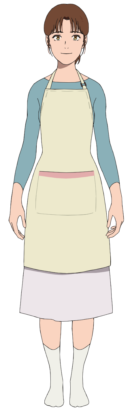 1girl, anime_coloring, apron, breasts, brown_eyes, brown_hair, closed_mouth, curtained_hair