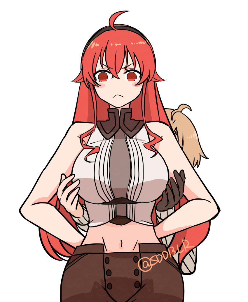 1boy, 1girl, absurdres, ahoge, arms_behind_back, brown_hair, eris_greyrat, gloves