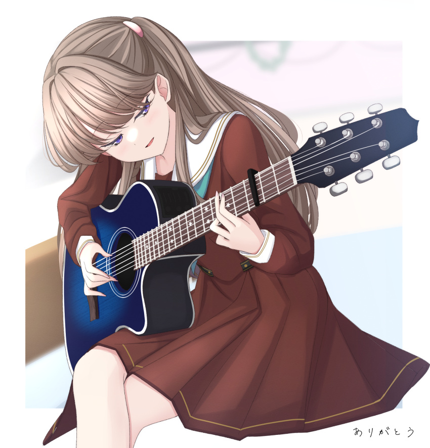 1girl, acoustic_guitar, aqua_neckerchief, blurry, blurry_background, brown_dress, brown_hair, capo_(guitar)