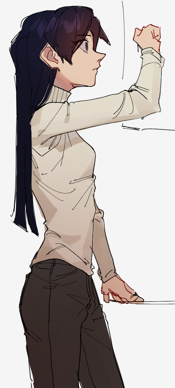 1girl, arm_up, blue_hair, breasts, brown_pants, closed_mouth, cowboy_shot, from_side