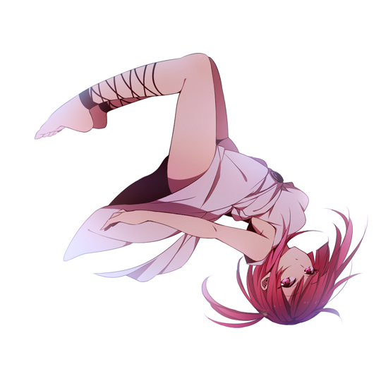 arched_back, bare_legs, barefoot, cross-laced_footwear, kudou_(90n), magi_the_labyrinth_of_magic, morgiana, pink_eyes, pink_hair, short_hair, side_ponytail, simple_background, sleeveless, solo, upside-down