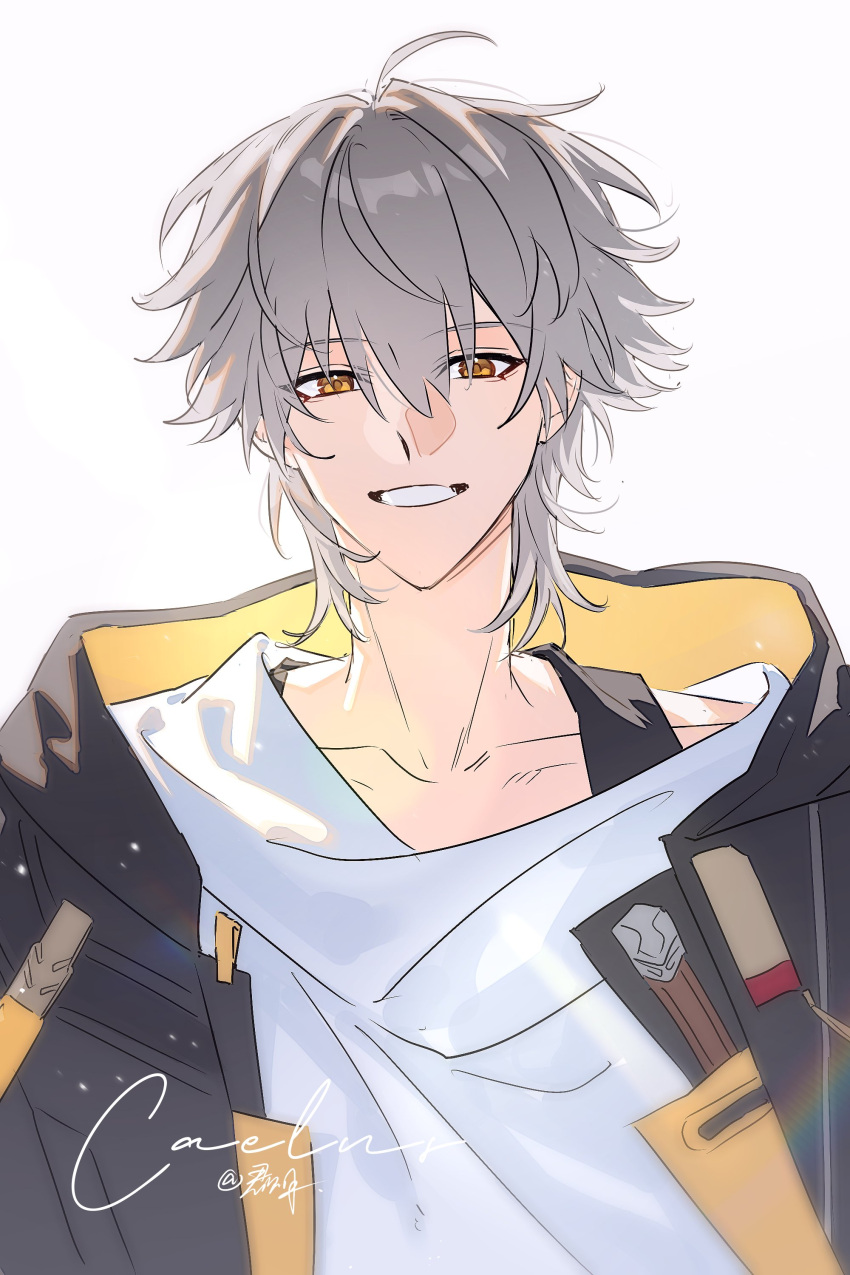 1boy, absurdres, an_junjyue, artist_name, black_coat, brown_eyes, caelus_(honkai:_star_rail), character_name, coat, collarbone, english_commentary, grey_hair, hair_between_eyes, highres, honkai:_star_rail, honkai_(series), hood, hooded_coat, lapels, looking_at_viewer, male_focus, open_clothes, open_coat, shirt, short_hair, simple_background, smile, solo, t-shirt, teeth, trailblazer_(honkai:_star_rail), two-sided_coat, two-sided_fabric, upper_body, white_background, white_shirt, yellow_coat