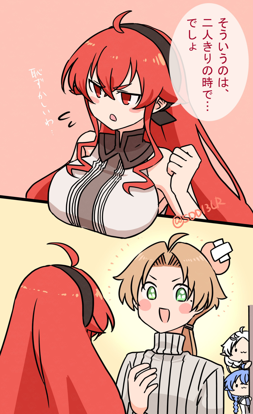 1boy, 3girls, absurdres, ahoge, averting_eyes, bandages, blue_hair, blush_stickers