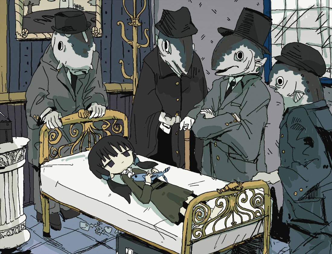 1girl, 4boys, animal, animal_head, bed, black_coat, black_eyes, black_hair