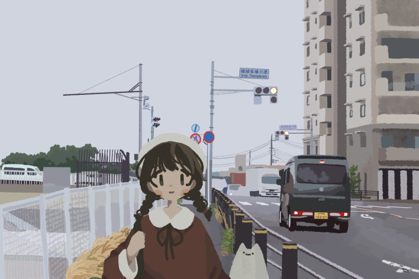 1girl, black_hair, box_truck, braid, building, crosswalk, fence, ghost