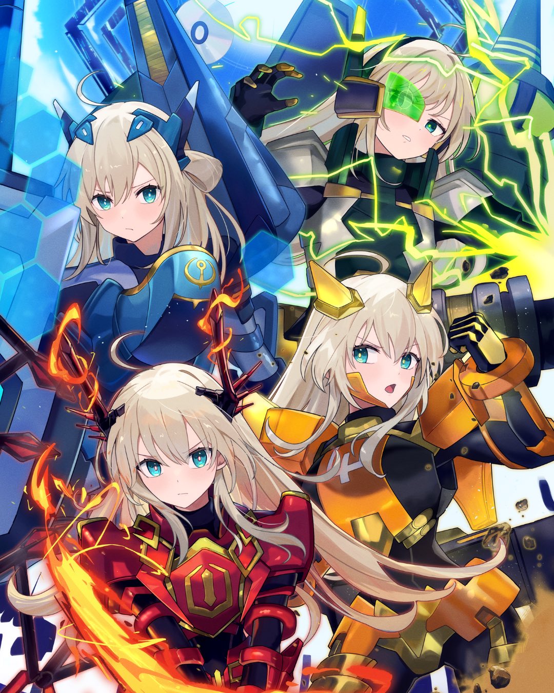 4girls, armor, blonde_hair, duel_monster, fire, gloves, green-tinted_eyewear, green_eyes