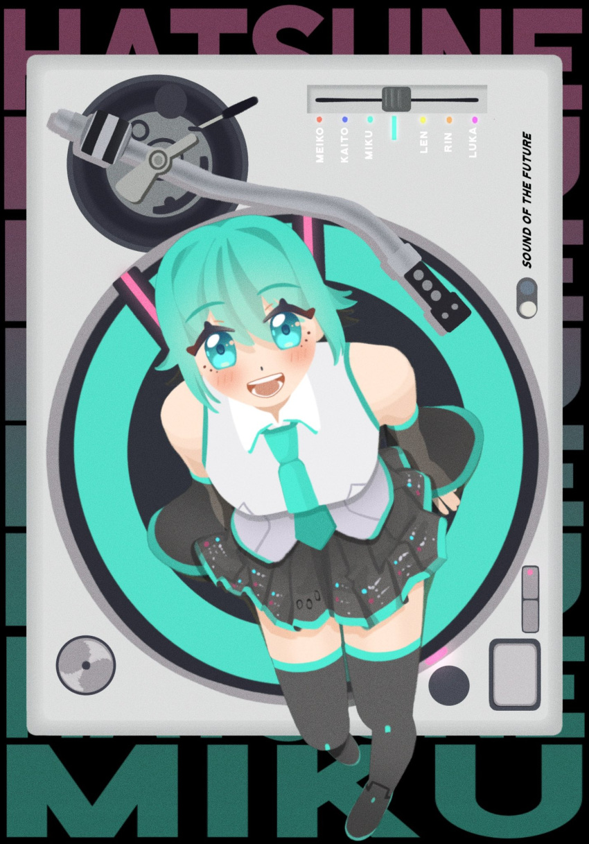 1girl, :d, aqua_eyes, aqua_hair, aqua_necktie, black_shoes, black_skirt, black_sleeves, blush, boots, breasts, character_name, collared_shirt, commentary, detached_sleeves, english_text, hatsune_miku, highres, long_sleeves, looking_at_viewer, necktie, peedee_(pidi), pleated_skirt, shirt, shoes, sitting, skirt, sleeveless, sleeveless_shirt, smile, solo, symbol-only_commentary, teeth, thigh_boots, tongue, turntable, twintails, vocaloid, white_shirt