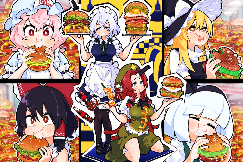 6+girls, apron, bare_shoulders, black_hair, black_shoes, black_vest, blonde_hair, blue_dress, blue_eyes, blue_kimono, blush, bottle, bow, braid, breasts, brown_eyes, burger, chinese_clothes, closed_eyes, closed_mouth, cola, cup, dress, drinking_glass, drinking_straw, eating, embarrassed, food, frills, full_body, gram_9, green_skirt, green_vest, hairband, hakurei_reimu, hat, highres, holding, holding_burger, holding_food, holding_tray, hong_meiling, izayoi_sakuya, japanese_clothes, kimono, kirisame_marisa, knife, knife_in_head, konpaku_youmu, large_breasts, long_hair, maid, maid_apron, maid_headdress, medium_hair, multiple_girls, object_through_head, open_mouth, pantyhose, pink_hair, red_bow, red_eyes, red_hair, saigyouji_yuyuko, shirt, shoes, sitting, skirt, sleeveless, sleeveless_shirt, touhou, tray, twin_braids, upper_body, vest, wariza, white_hair, white_shirt, witch_hat, yellow_eyes