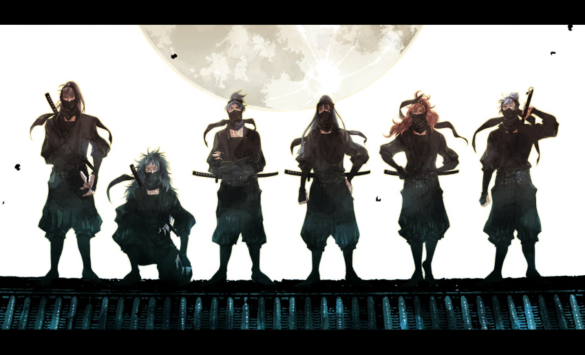 character_request, crossed_arms, hand_on_hip, hands_on_hips, hips, kema_tomesaburo_(character), kneeling, lineup, long_hair, male, mask, moon, multiple_boys, nakazaike_choji_(character), nakazaike_chouji, nanamatsu_koheita, nanamatsu_koheita_(character), nicorica, ninja, rakudai_ninja_rantarou, rooftop, shioe_monjiro_(character), shioe_monjirou, sword, tachibana_senzo_(character), tachibana_senzou, tomesaburou_kema, weapon, zenpoji_isaku_(character), zenpouji_isaku