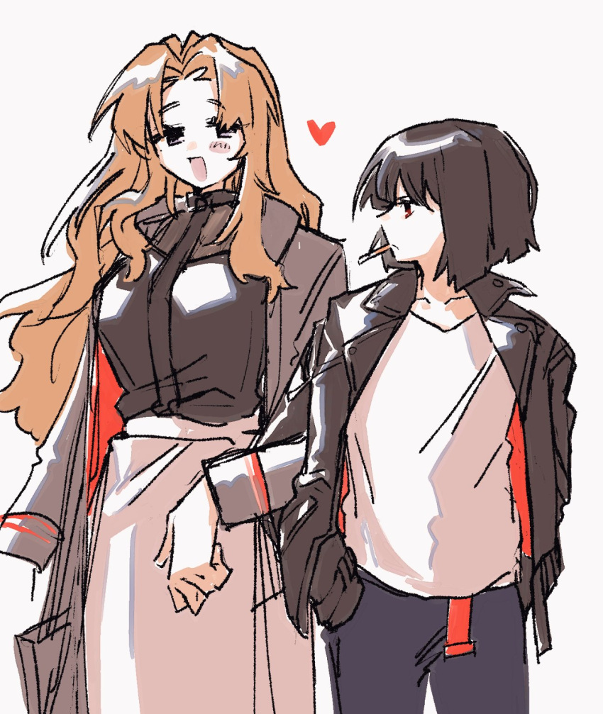 2girls, black_hair, black_jacket, blue_eyes, blue_pants, bob_cut, brown_hair, couple, cowboy_shot, flat_chest, heart, highres, jacket, leather, leather_jacket, limbus_company, locked_arms, long_hair, multiple_girls, nantekottawo!!, open_mouth, pants, parted_bangs, project_moon, rodion_(project_moon), ryoshu_(project_moon), shirt, short_hair, simple_background, skirt, smile, very_long_hair, white_background, white_shirt, white_skirt, yuri