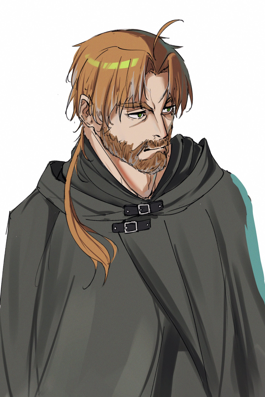 1boy, absurdres, aged_up, ahoge, beard, brown_hair, cape, cloak