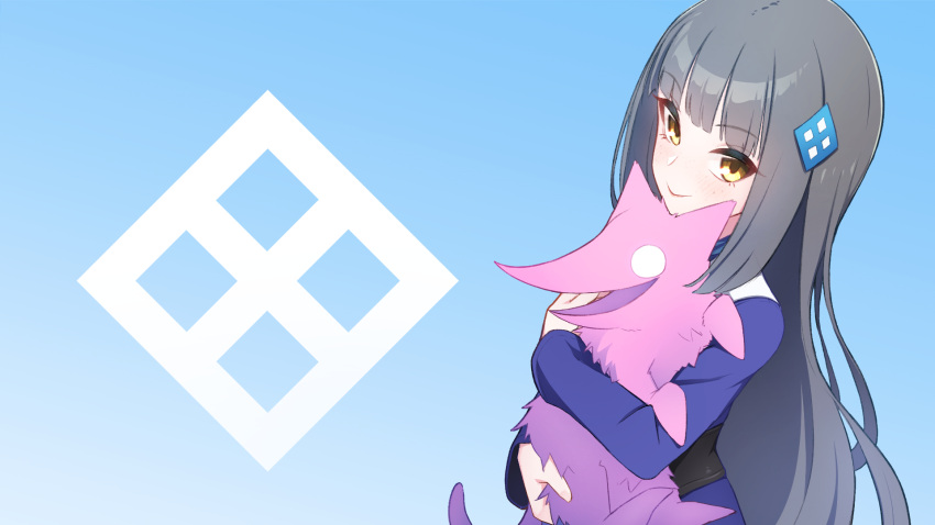 1girl, akatsuki_blitzkampf, animal, blue_shirt, character_request, check_character, closed_mouth, commentary_request