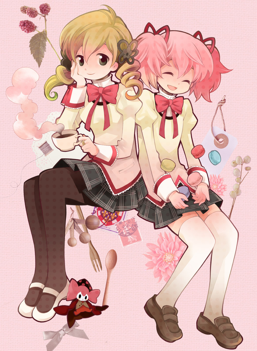 brown_eyes, charlotte_(madoka_magica), closed_eyes, cookie, cup, drill_hair, eyes_closed, food