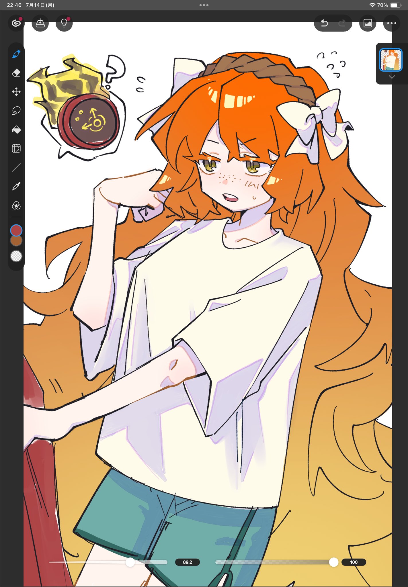 1girl, 1other, blue_shorts, cowboy_shot, dante_(limbus_company), flying_sweatdrops, green_eyes, hand_up, highres, ishmael_(project_moon), limbus_company, long_hair, nantekottawo!!, orange_hair, project_moon, shirt, short_sleeves, shorts, sidelocks, simple_background, very_long_hair, white_background, white_shirt