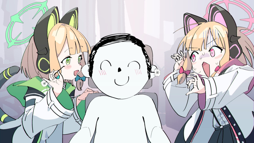 1boy, 2girls, animal_ear_headphones, animal_ears, blonde_hair, blue_archive, blush, blush_stickers