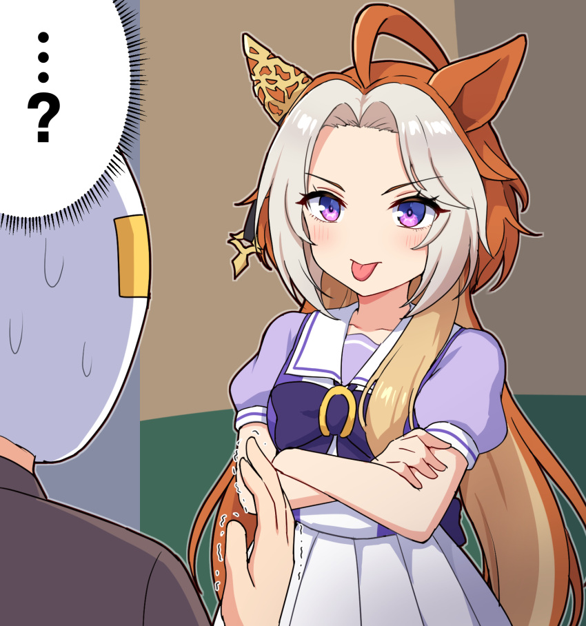 1girl, 1other, ahoge, animal_ears, blush, bow, bowtie, commentary_request