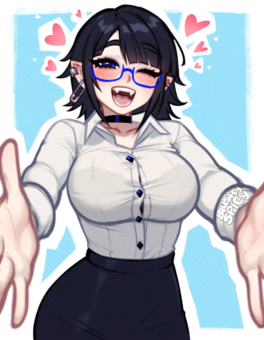 1girl, artist_name, black_choker, black_hair, blue-framed_eyewear, blue_background, blue_eyes, blurry