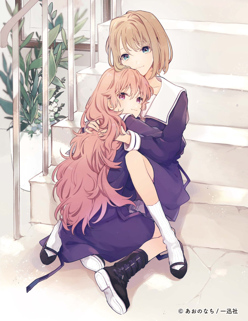 2girls, black_boots, boots, brown_hair, closed_mouth, dress, highres, hug