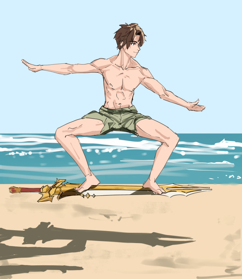 1girl, absurdres, aleksander_ryback, beach, black_hair, blue_sky, floating, highres