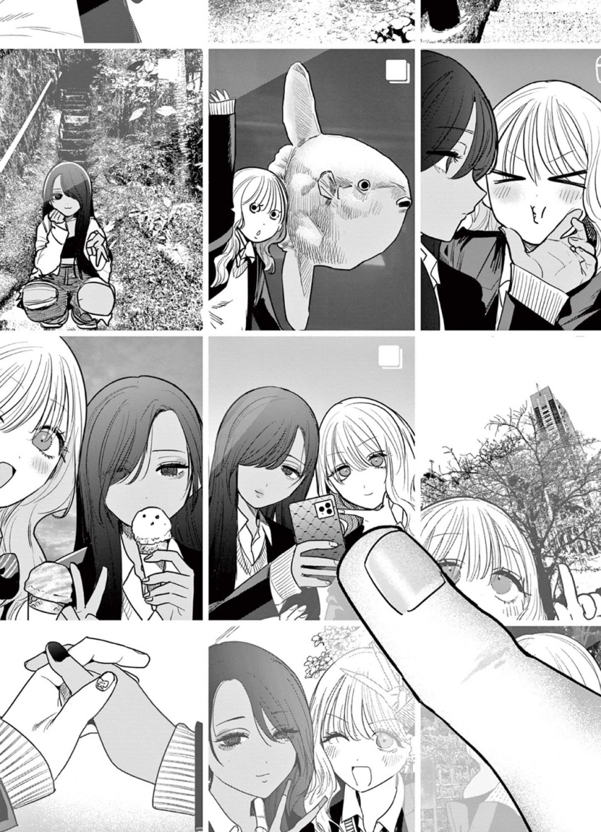 >_<, 2girls, aquarium, blush, building, cellphone, cheek_squash, commentary