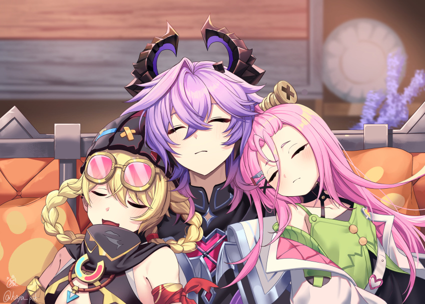 1boy, 2girls, absurdres, aino_(genshin_impact), arm_ribbon, arm_strap, armlet, armpit_crease