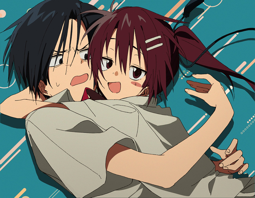 1boy, 1girl, :d, aqua_background, black_eyes, black_hair, blush_stickers, brown_eyes, brown_hair, collared_shirt, drop_shadow, from_side, hair_between_eyes, hair_ornament, hairclip, hashtag-only_commentary, highres, hug, iwillsaveyouso, long_hair, looking_at_another, looking_at_viewer, minakami_yuki, open_mouth, parallel_hairclips, ponytail, retro_artstyle, shirt, short_hair, short_sleeves, simple_background, smile, smug, spiky_hair, subarashiki_hibi, sweatdrop, upper_body, v-shaped_eyebrows, white_shirt, yuuki_tomosane