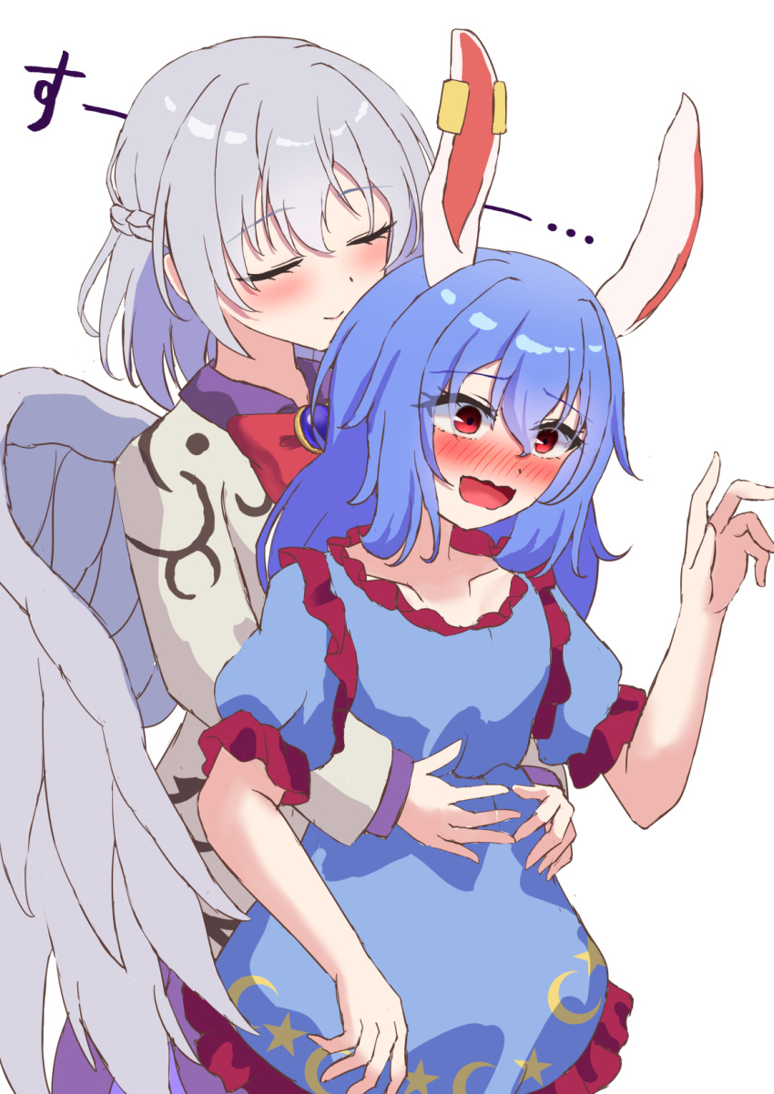 2girls, animal_ears, blue_dress, blue_hair, blush, bow, bowtie, braid