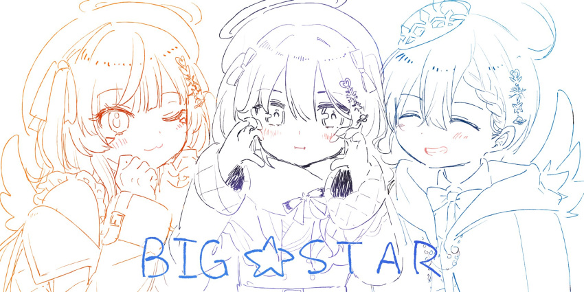 3girls, :i, beret, blush, closed_eyes, hair_ornament, halo, hat