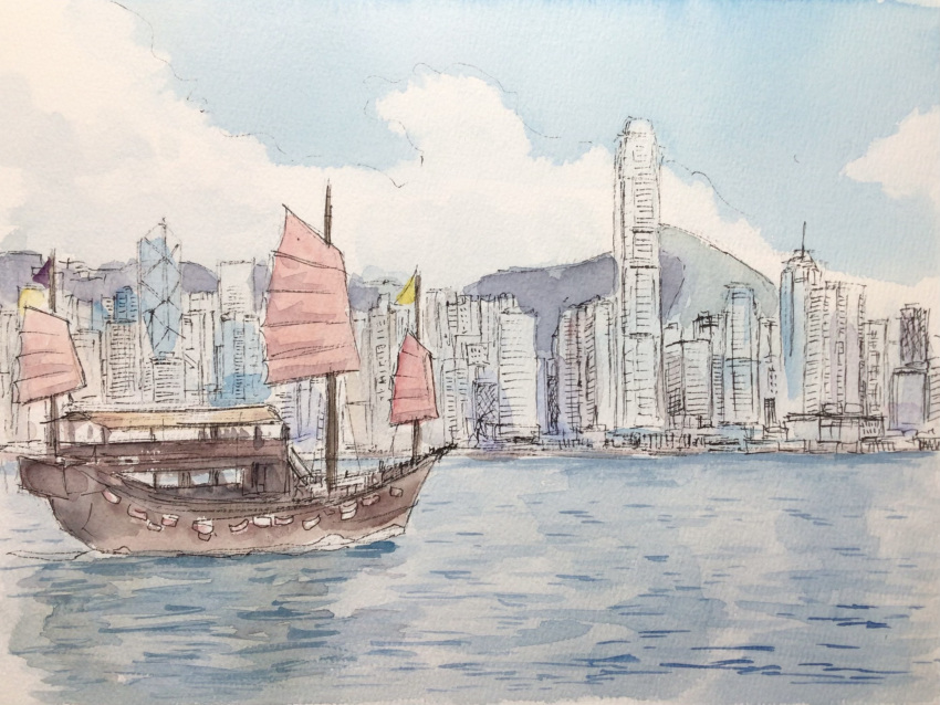 atelier_bono, blue_sky, boat, city, cityscape, clouds, commentary_request, day