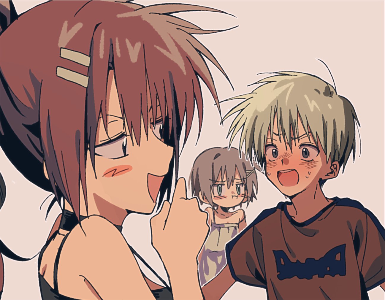1boy, 2girls, :d, :i, bare_shoulders, black_dress, blonde_hair, blue_eyes