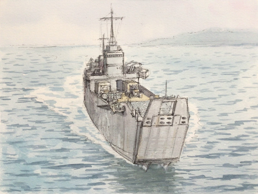 amphibious_assault_ship, atelier_bono, boat, clouds, cloudy_sky, commentary_request, highres, imperial_japanese_navy