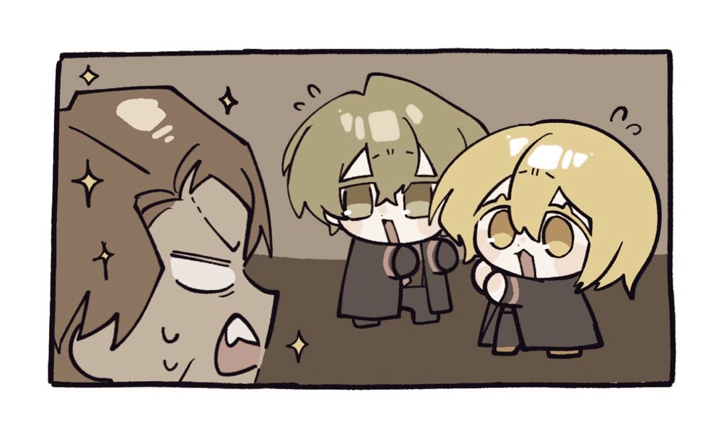 1girl, 2boys, black_coat, black_gloves, blonde_hair, brown_hair, chibi, coat